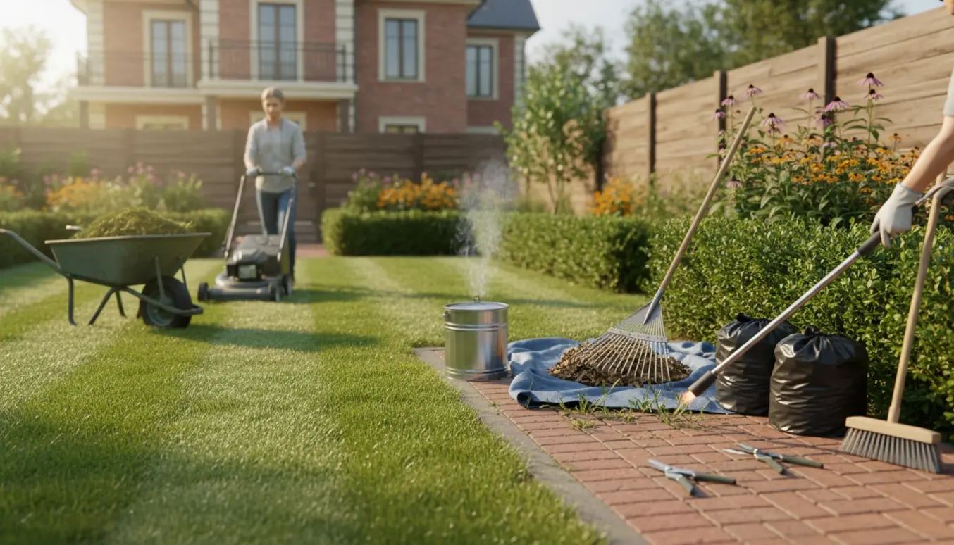 En person set bagfra gør en villahave sommerklar med nyslået græs, rive, trillebør og en lille kontrolleret kompostild.