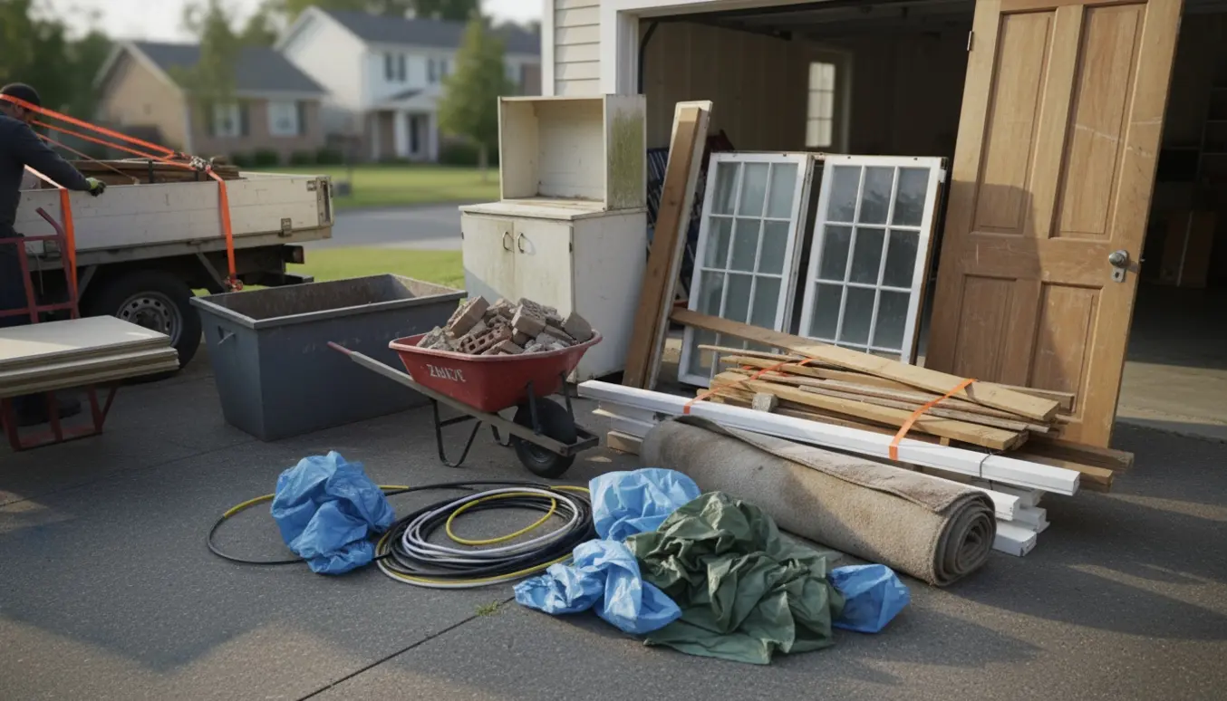 Blandet byggeaffald på indkørsel klar til afhentning med brædder, murbrokker, vinduer og ledninger.
