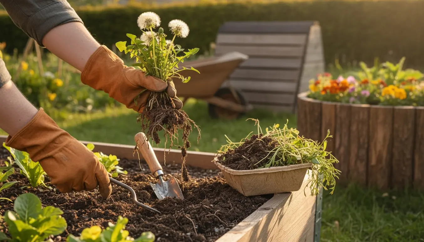 Hænder i havehandsker fjerner ukrudt fra et hævet bed med jord og haveværktøj.