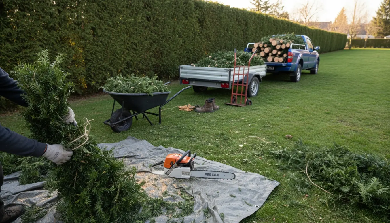 Udbæring og bortkørsel af en nyklippet takshæk, bundter af grene læsses på en trailer.