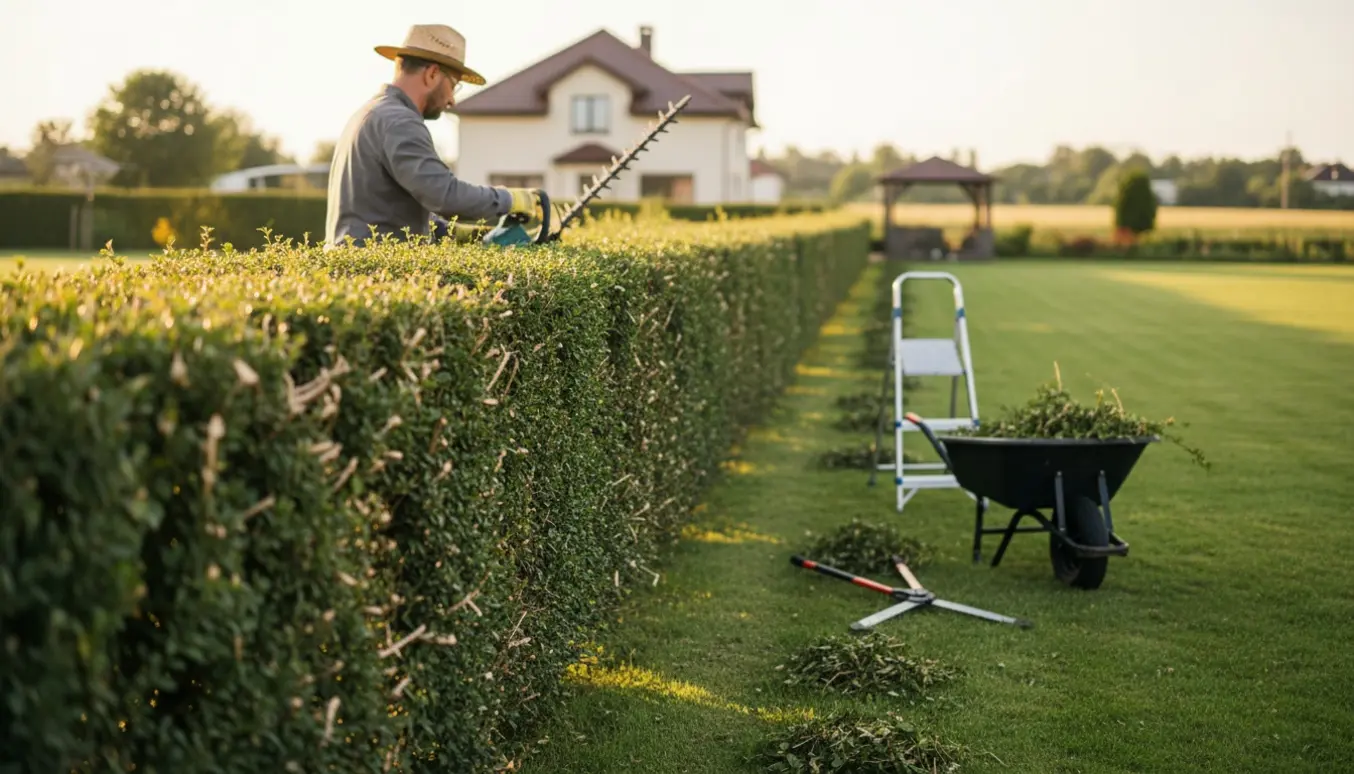 Person trimmer en tæt tjørnehæk omkring en stor have med hækkeklipper, ansigt ikke synligt.