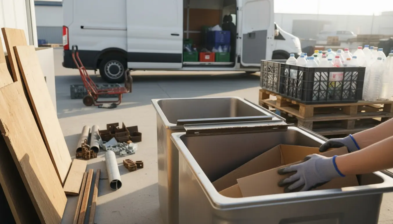 Sorterede bunker af pap, træ, metal og plastik ved en genbrugsplads med handsker, der lægger pap i en container.