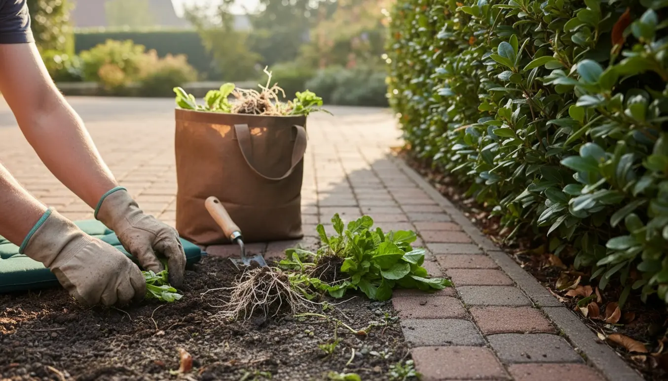 Nærbillede af hænder i handsker, der fjerner ukrudt mellem hækkens bund og kantstenen i indkørslen.