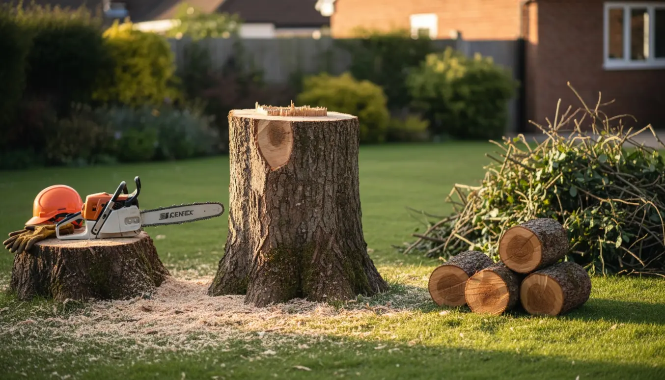 Nysavet træstump i en have med afsavede stammer, motorsav og savsmuld ved siden af.