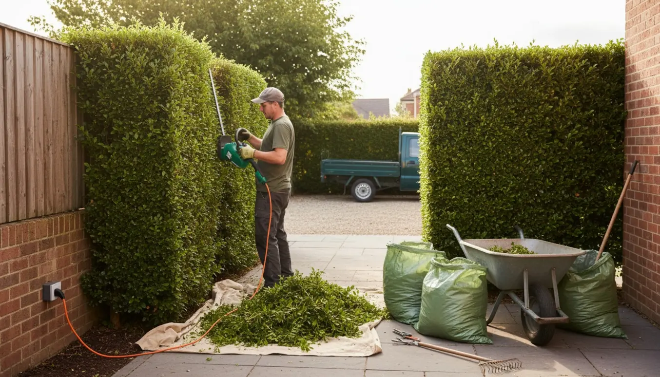 To hække i en have bliver klippet med en elektrisk hækkeklipper, afklip samles i trillebør og affaldssække.