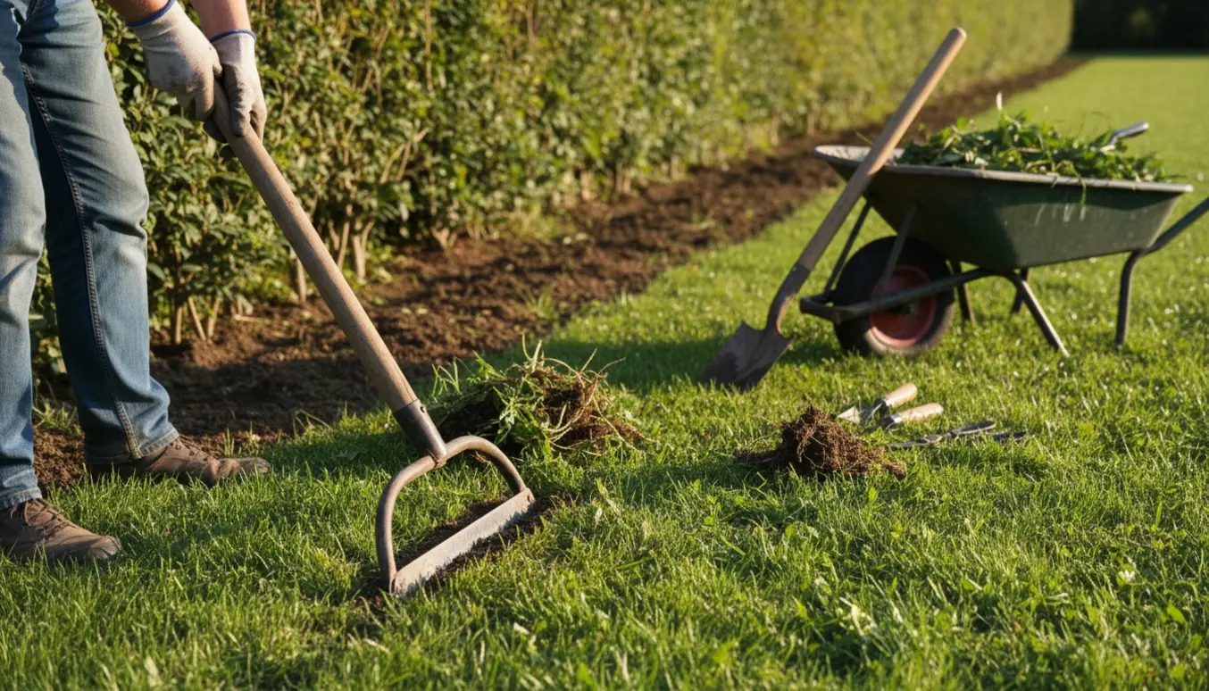 Nærbillede af kantafgrænsning og fjernelse af ukrudt langs en lang hæk med haveredskaber.