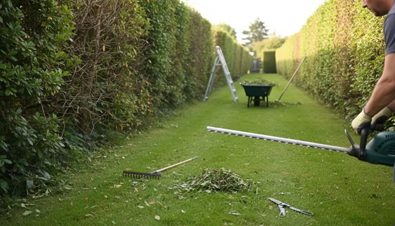 En person trimmer en lang hæk med en elektrisk hækkeklipper, med nytrimmet og utrimmet sektion og afklip på græsset.