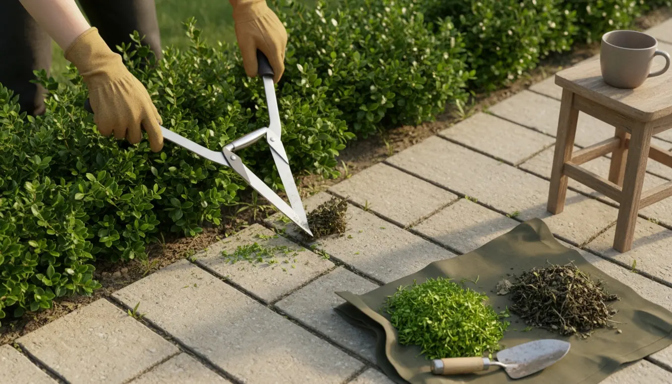 Lille fliseterrasse med hæk, hæksaks i handsker og ukrudt fjernet mellem fliserne.