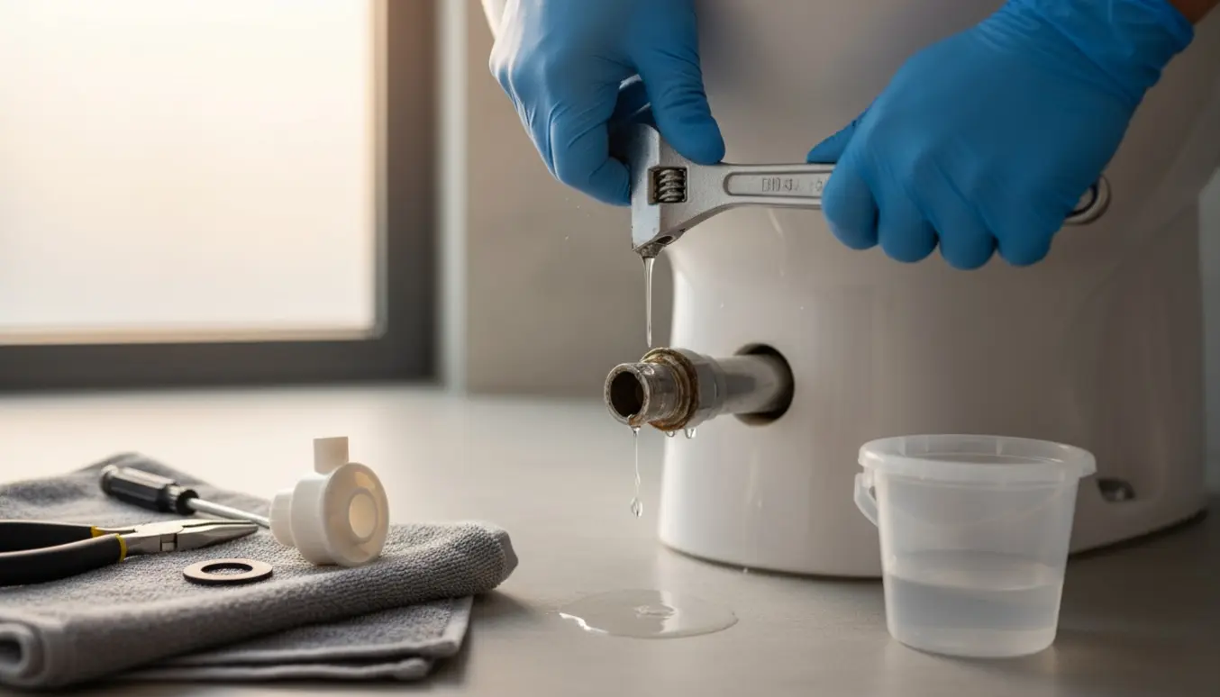Nærbillede af åben toiletcistern med dryppende sølvfarvet vandrør og hænder, der strammer en kobling.