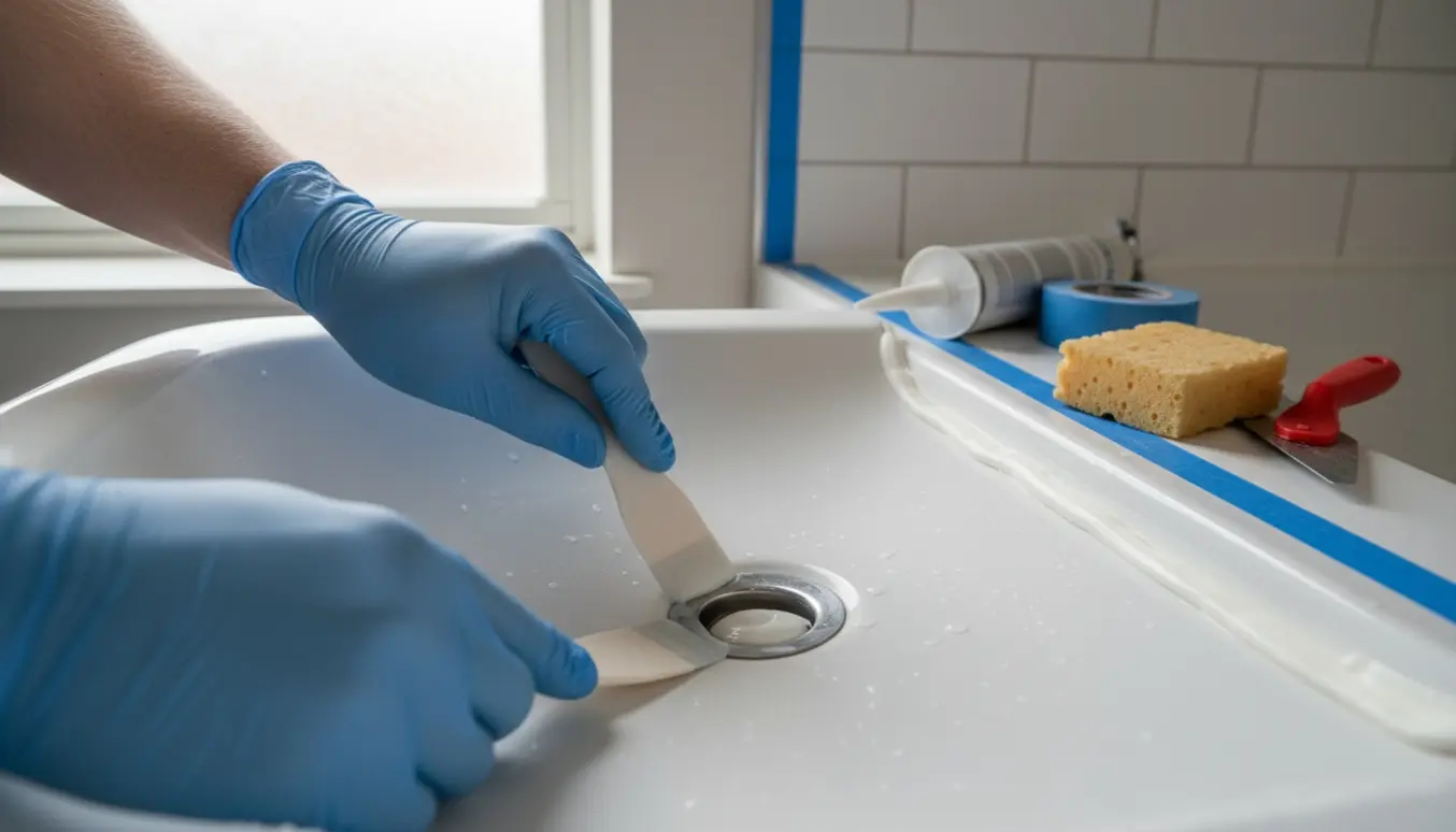 Nærbillede af fugearbejde ved håndvaskens rist og fuge mellem fliser i badekar med fugepistol og værktøj.