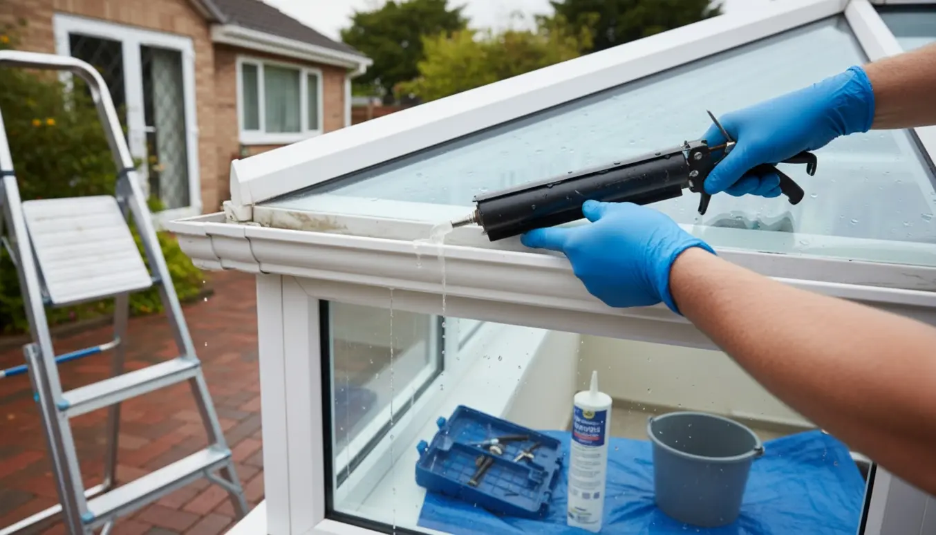 Nærbillede af hænder, der tætner en utæt tagrende på en udestue med fugepistol og værktøj på vådt flisebelægning.