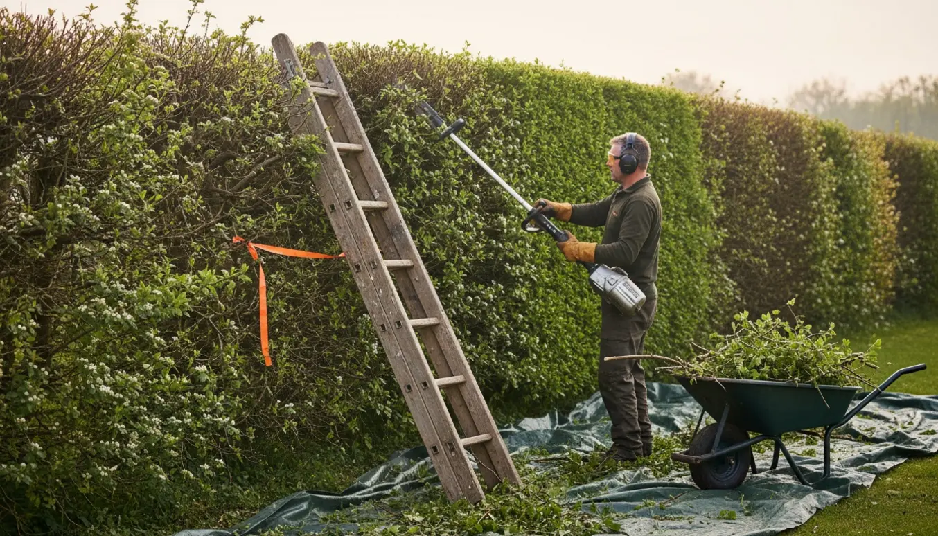 Lang hæk med tjørn klippes ned med stanghækkeklipper og stige, afklippede grene på presenning.