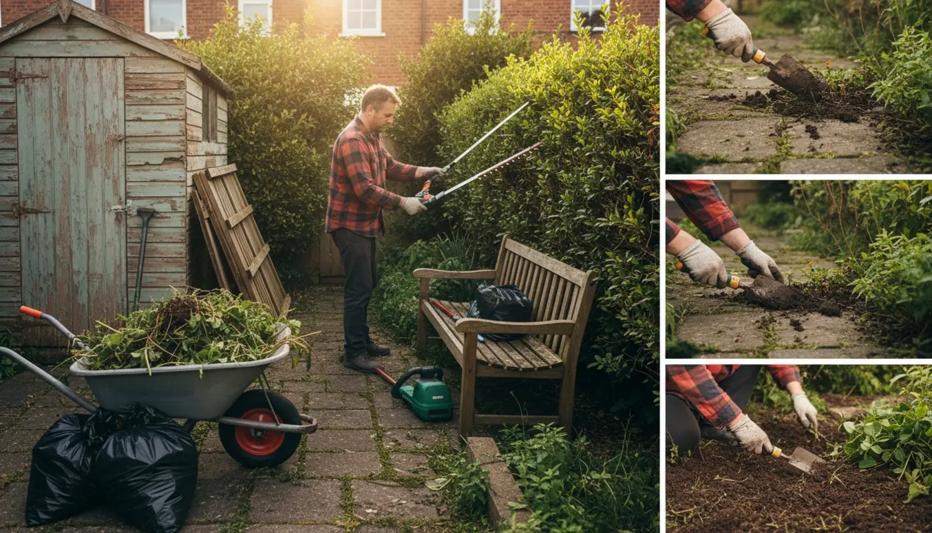 En lille overgroet have hvor hækken klippes, ukrudt luges, planter fjernes og plankeværk er delvist taget ned.