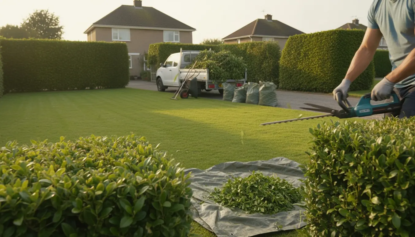 Nyklippede liguster- og bøgehække i en parcelhushave med bunker af afklip klar på trailer til bortkørsel.