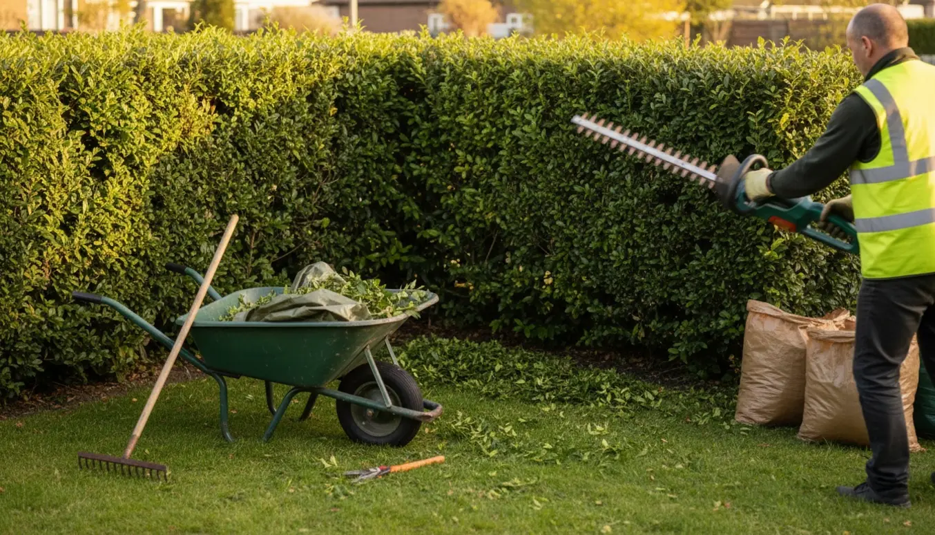 Nyklippet ligusterhæk i havehjørne med trillebør fyldt af afklip og redskaber klar til fjernelse.