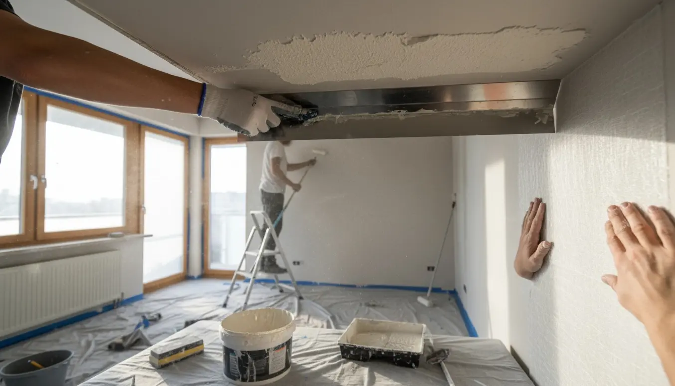 Detaljeret foto af spartling, opsætning af glasfilt og maling i en lejlighed under renovering.