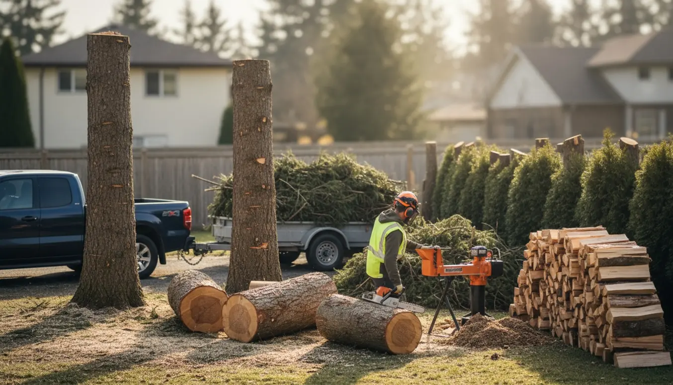 Topfældning af grantræer med nysavet brænde og bunker af grene klar til afhentning.