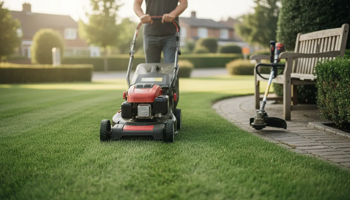 En person slår en mellemstor forstadsplæne med en push-plæneklipper, mens en kanttrimmer ligger klar i baggrunden.