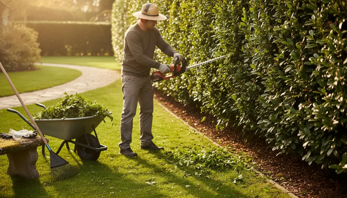 Nærbillede af hækkeklipning i en solrig have, en person uden synligt ansigt former en hæk på under to meter med hækkeklipper og værktøj i baggrunden.