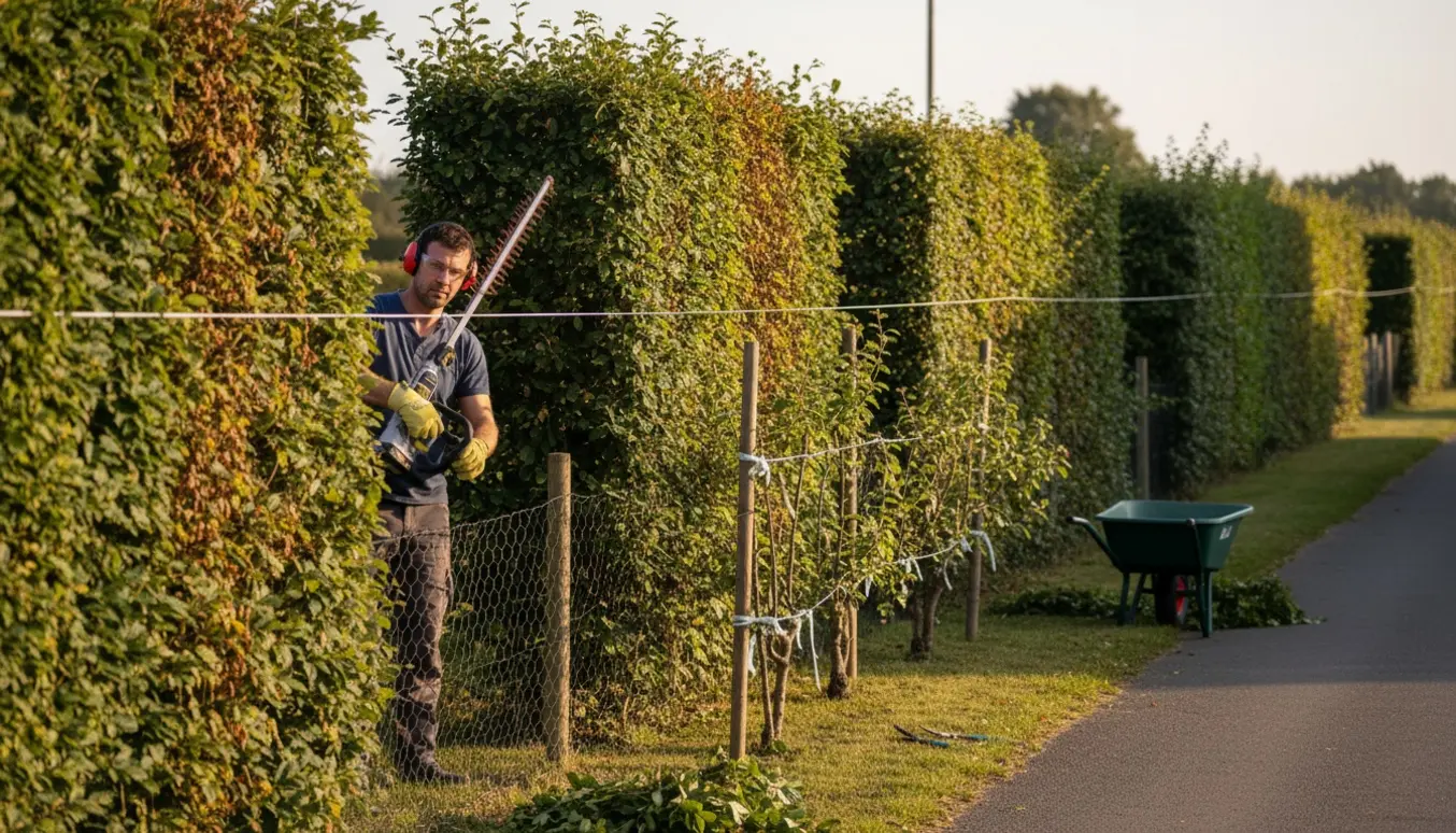 Havearbejder klipper to høje bøgehække og en tjørnehæk ved et dyrehegn med værktøj og bunker af afklip.