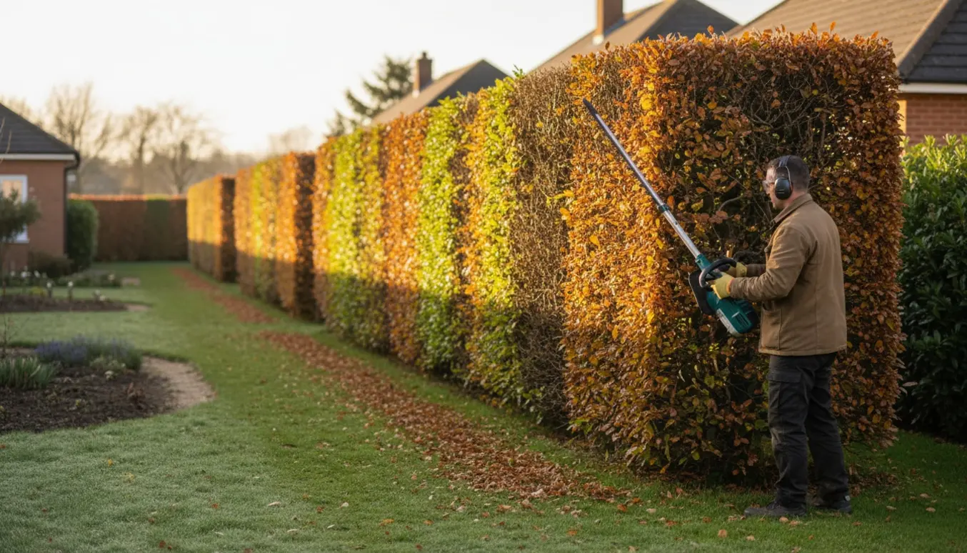 En havemand trimmer en lang bøgehæk fra jorden, med afklippede blade liggende ved hækkens fod.