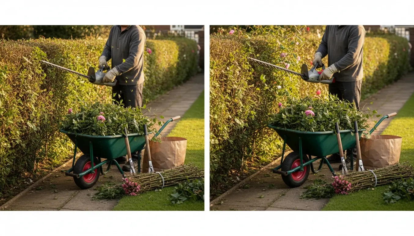 Lang rosenhæk under klipning med hækkeklipper, trillebør og bundter af afklip klar til bortkørsel.