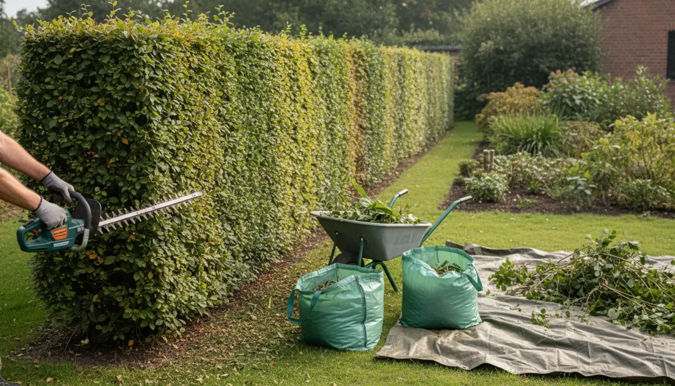 En person beskærer en lang bøgehæk med hækkeklipper, mens klip samles i trillebør og affaldssække.