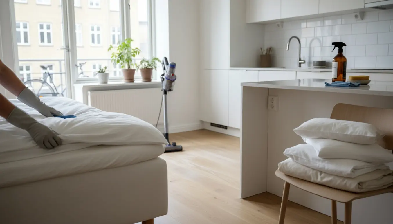 Rengøring i en lys skandinavisk lejlighed på Amager med skift af sengelinned og støvsugning.