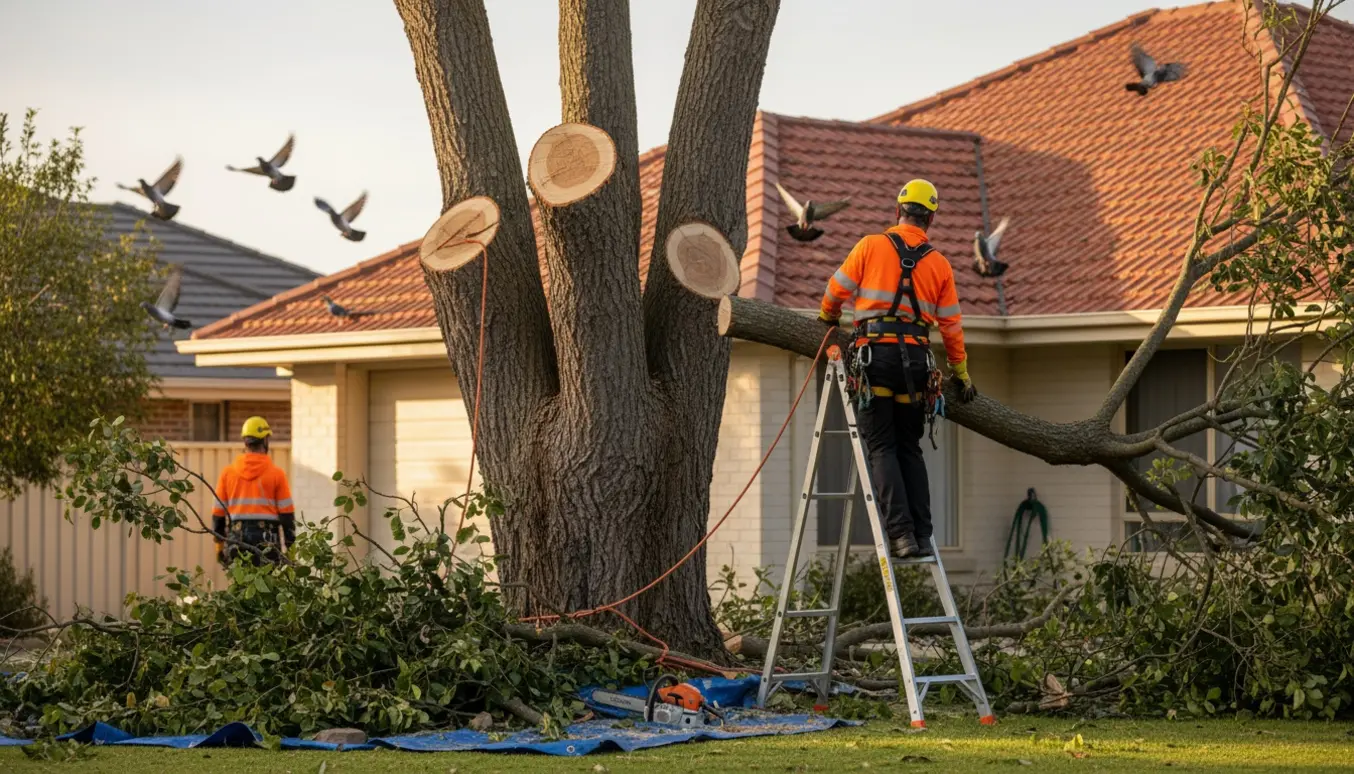Arborist har beskåret træets krone ved huset, afskårne grene på græsset og duer flyver mod taget.
