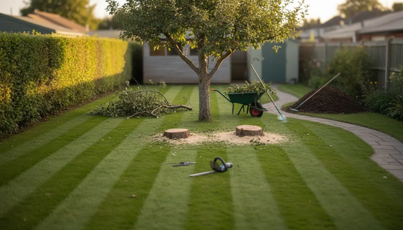 Nyklippet hæk, nyslået græs, to små træstubbe og haveværktøj efter havearbejde.