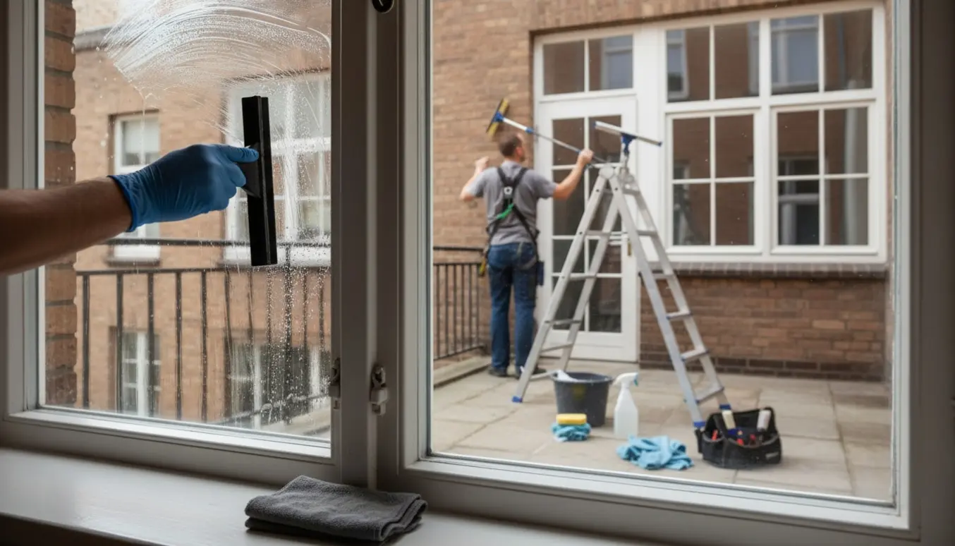 Vinduespudser rengør vinduer og altandør på førstesalen med stige, forlængerstang og rengøringsudstyr.