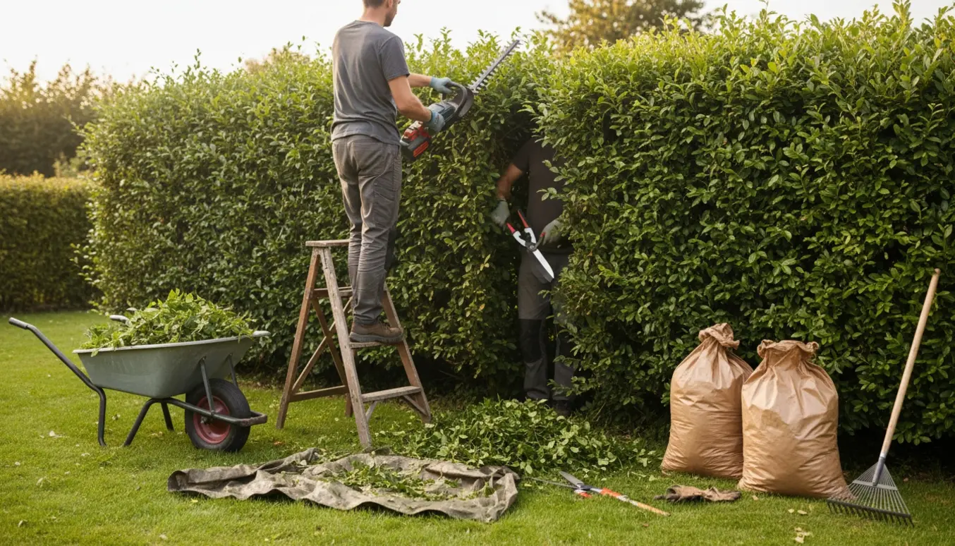 Hæk bliver klippet både udefra og indefra med hækkeklipper, trillebør og sække klar til bortskaffelse.