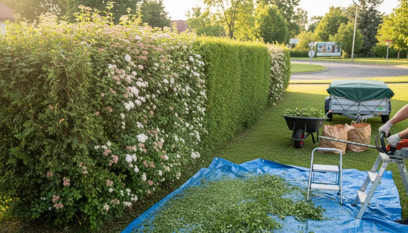 En person trimmer en lang tosidet hæk af spiræa og thuja, mens afklip samles i trillebør og sække.