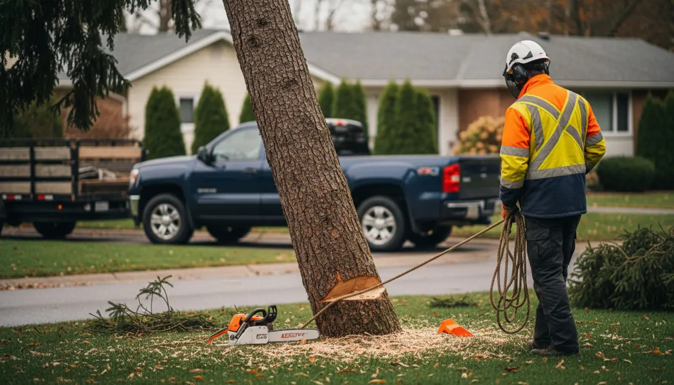 Arborist forbereder fældning af en skæv serbisk søjlegran ved roden med motorsav, kil og tov.