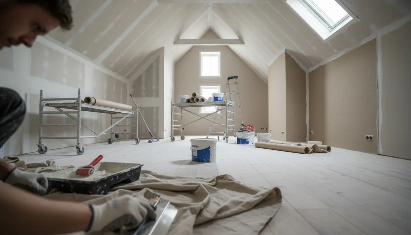 Skråloft på 1. sal under renovering med spartelværktøj, opsat filt og nymalede vægge.