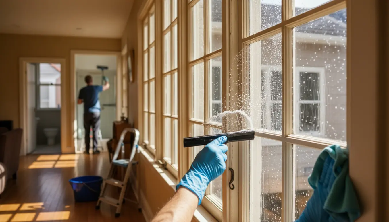 Indvendig og udvendig vinduespudsning af en lejlighed med fem store sprossevinduer og rengøringsudstyr i fokus.