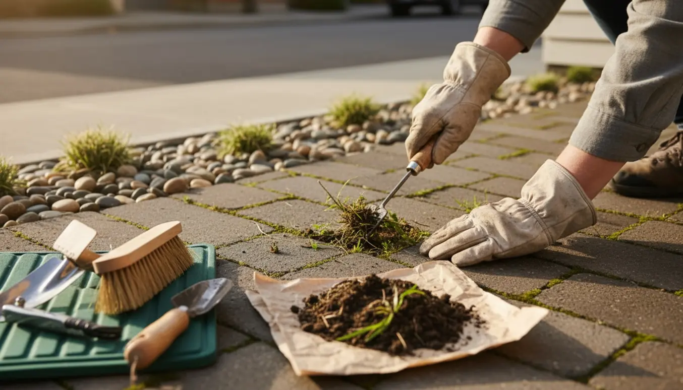 Hænder i handsker fjerner ukrudt mellem fliser ved indkørsel og fortov.