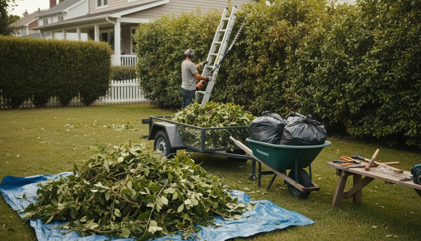 Bagfra syn: en hæk klippes med stige og grensamling ved en trailer i en forstadshave.