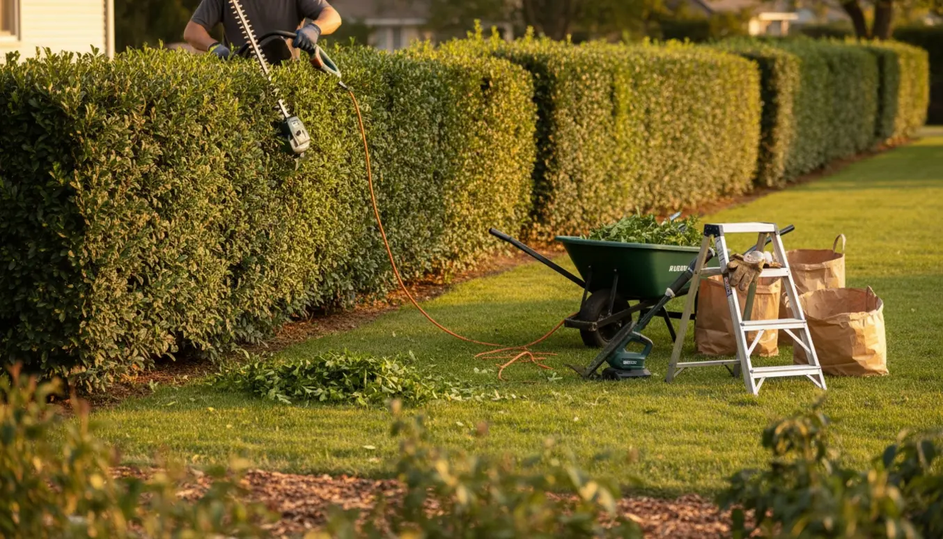 Nærbillede af en person, der klipper en ca. to meter høj ligusterhæk med elhækkeklipper og fylder skubbevogn og poser med afklip.