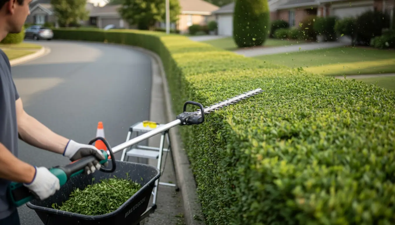 En person trimmer en hæk langs vejkanten med en lang elektrisk hækkeklipper, uden at ansigtet ses.