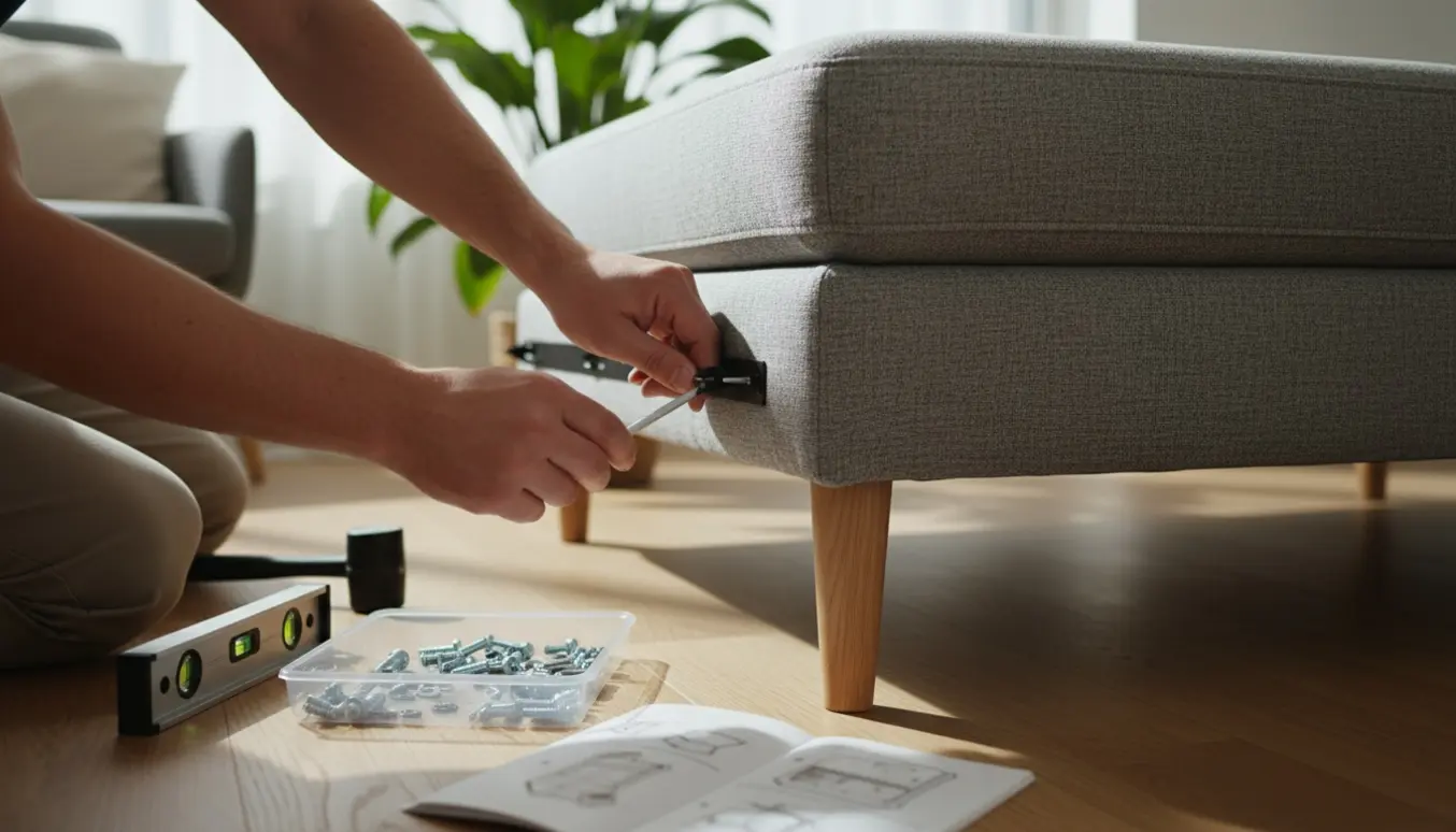 Nærbillede af hænder, der tjekker beslag og ben på en nyligt samlet sofa med værktøj på gulvet.