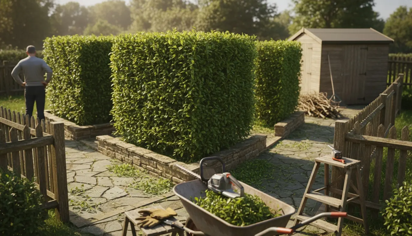 Hjørnegrund med nyslåede hække, hækkeklipper og trillebør fyldt med afklip, uden synlige ansigter.