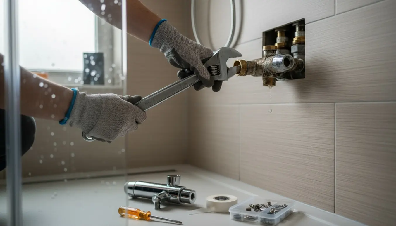 Hænder afmonterer et gammelt brusearmatur og forbereder montering af et nyt i et flisebadeværelse.