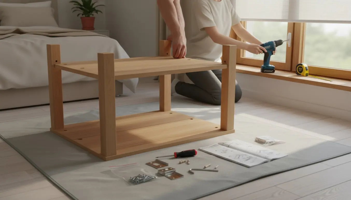 Hænder samler et nyt bord med hylde og monterer et rullegardin i et soveværelsesvindue med træramme.