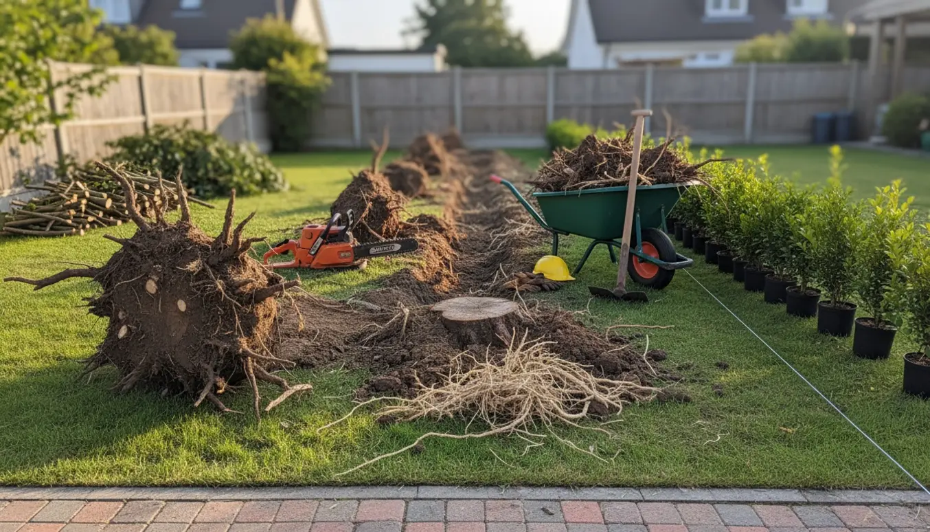 Haverand hvor en 10 meter hæk er fjernet med eksponerede rødder, værktøj og nye hækplanter klar til genplantning.