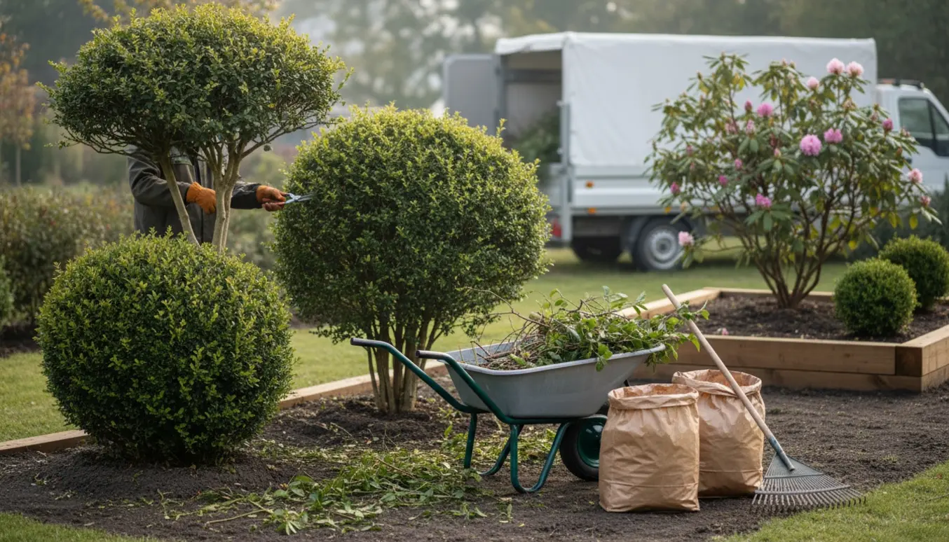 En havehjælper beskærer buske og fylder trillebør med haveaffald ved et ryddet bed med rhododendron og stedsegrønt.