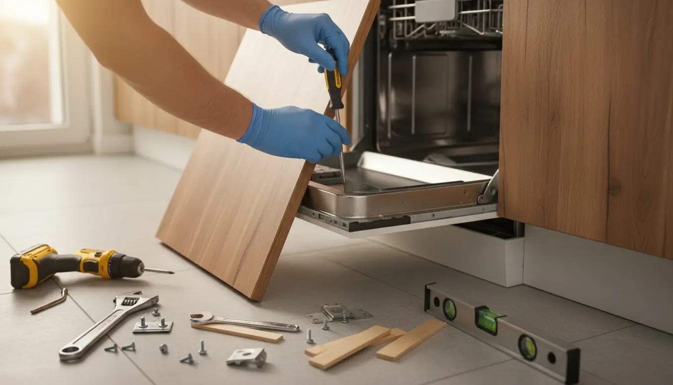 Nærbillede af justering af integreret opvaskemaskines dørpanel med værktøj og hængsler, uden ansigter.