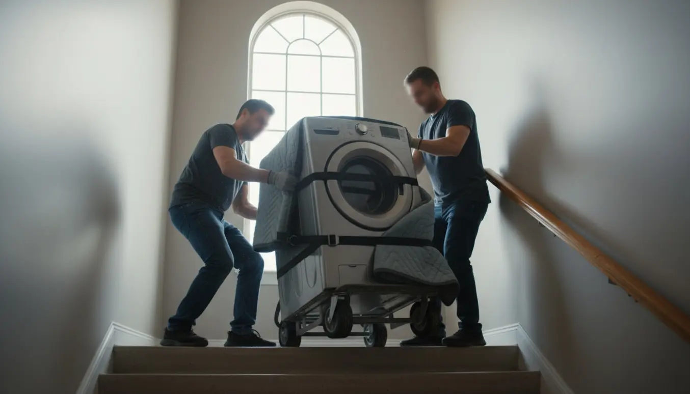 Flyttemænd bærer en tung vaskemaskine op ad trappen mod en lejlighed på fjerde sal.