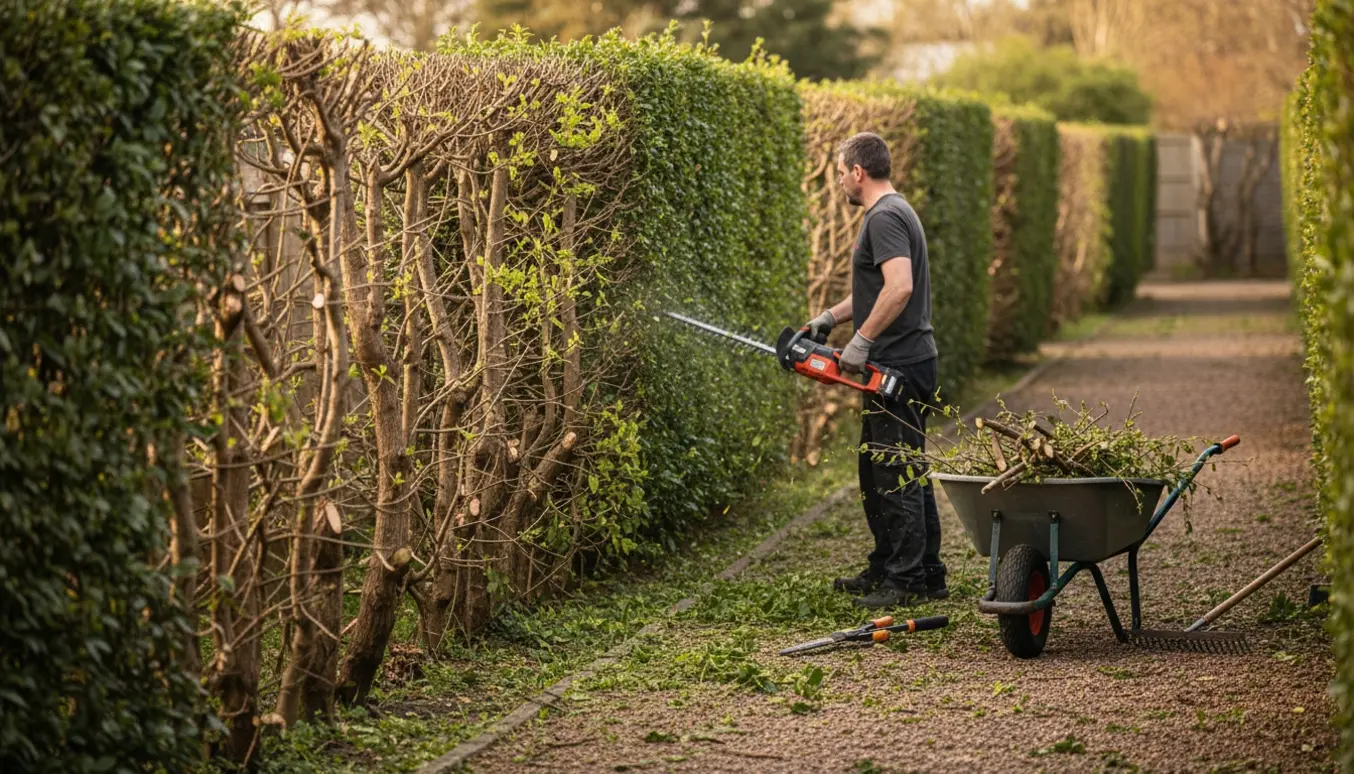 En hæk er kraftigt klippet tilbage langs en lang havelinje med en bunke kviste og værktøj i blødt eftermiddagslys.
