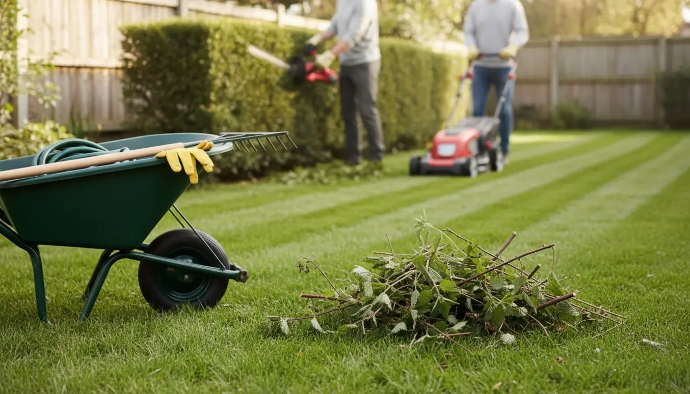 Hæk- og græsslåning i have med bunke af klippede brændenælder og haveredskaber.